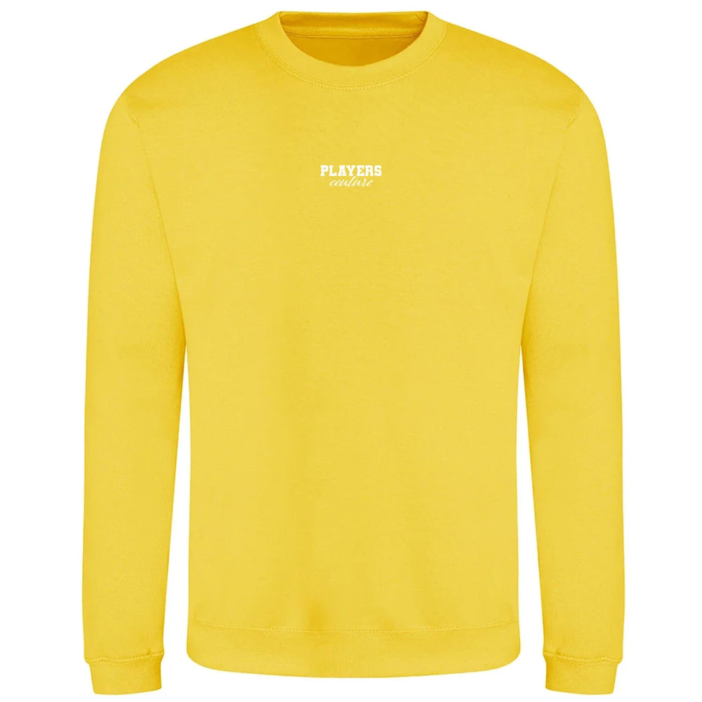 Essentials Collection hoodie – yellow men's hoodie with black Essentials Collection letters and Players Couture logo on the