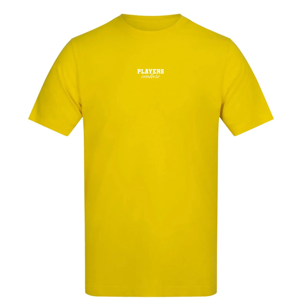 Essentials Collection t-shirt – yellow men's t-shirt with black Essentials Collection letters and Players Couture logo on