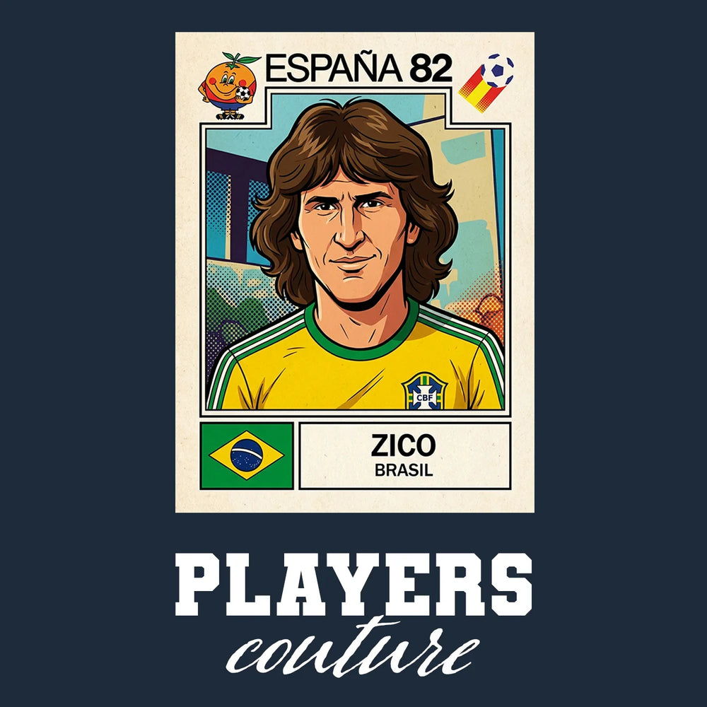Zico World Cup Sticker Men's T-Shirt – navy close-up detail shot of the Zico World Cup Players Couture logo design
