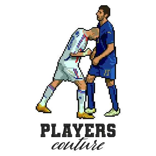 Zinedine Zidane 8-Bit Headbutt Badge Men's T-Shirt – black close-up detail shot of the Zinedine Zidane Players Couture logo