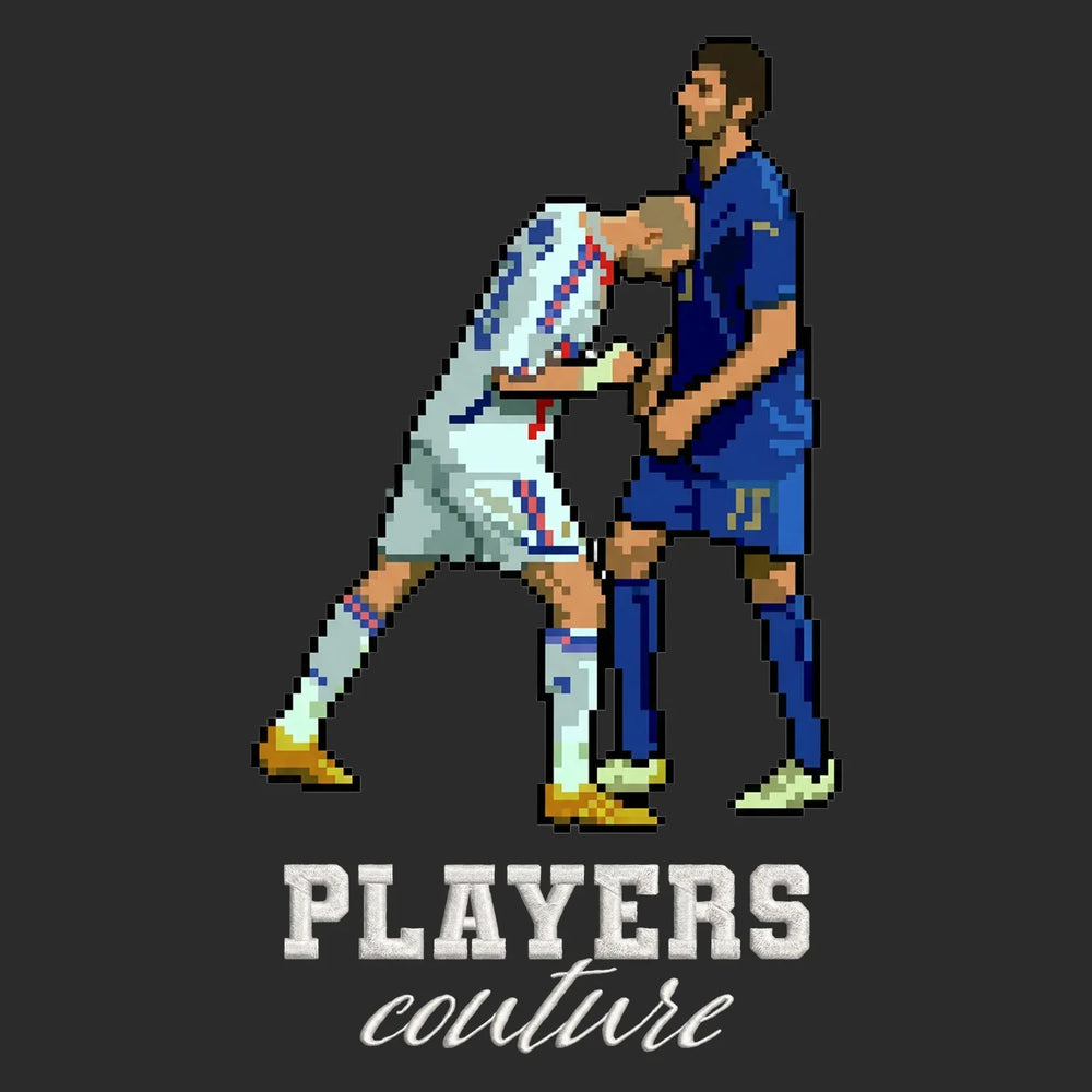Zinedine Zidane 8-Bit Headbutt Badge Men's T-Shirt – white close-up detail shot of the Zinedine Zidane 8-Bit Headbutt
