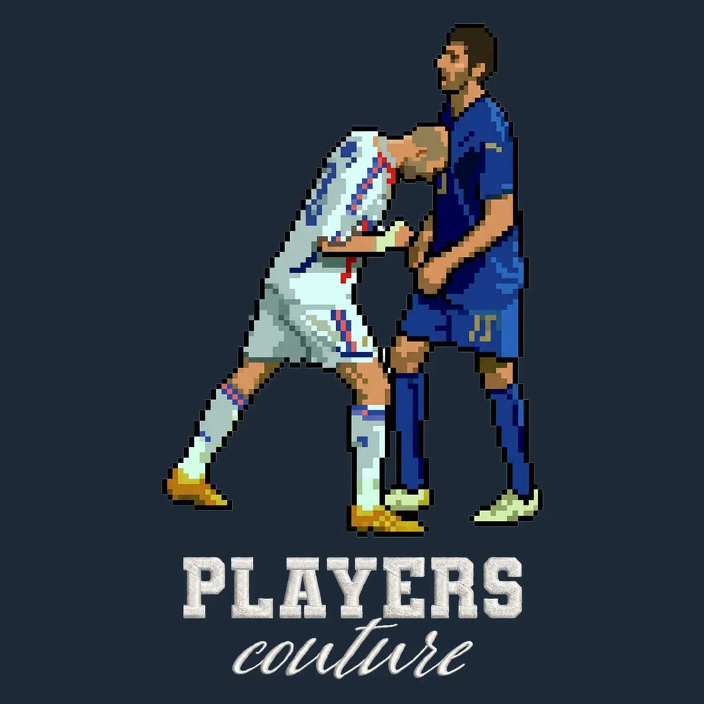 Zinedine Zidane 8-Bit Headbutt Badge Men's T-Shirt – white close-up detail shot of the Zinedine Zidane 8-Bit Headbutt