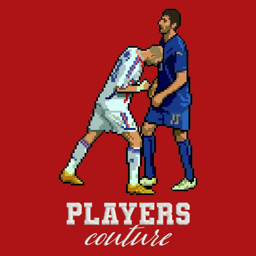 Zinedine Zidane 8-Bit Headbutt Badge Men's T-Shirt – white close-up detail shot of the Zinedine Zidane 8-Bit Headbutt