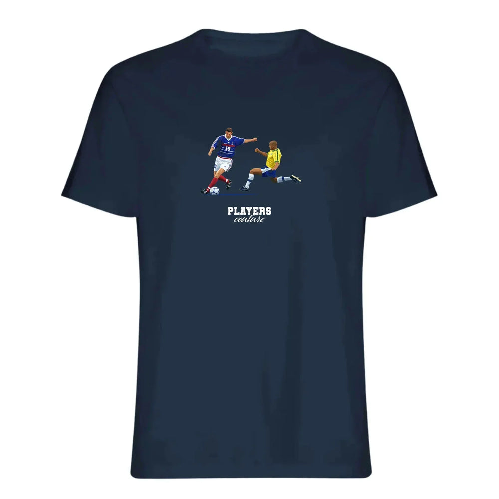Zinedine Zidane & Roberto Carlos Icon t-shirt – navy men's t-shirt with white Zinedine Zidane & Roberto Carlos Icon letters