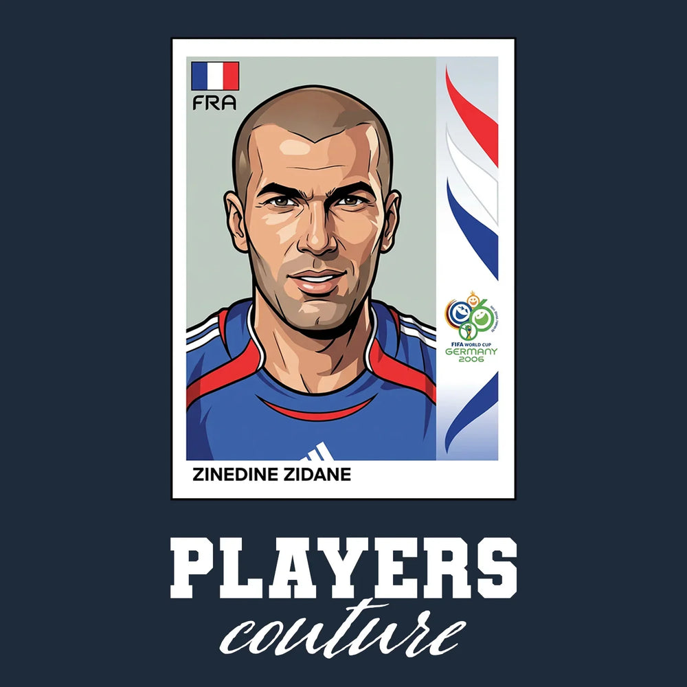 Zinedine Zidane World Cup Sticker Men's T-Shirt – navy close-up detail shot of the Zinedine Zidane World Cup Players Couture