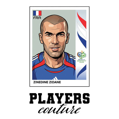 Zinedine Zidane World Cup Sticker Men's T-Shirt – white close-up detail shot of the Zinedine Zidane Players Couture logo