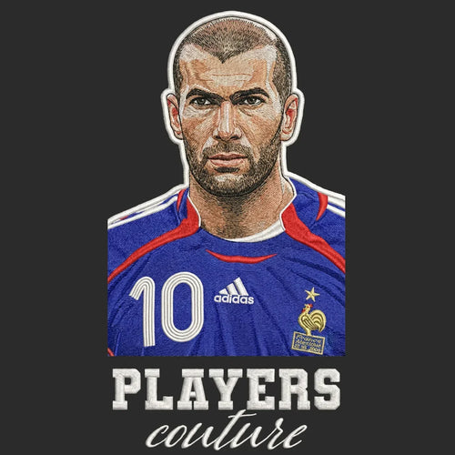 Zinedine Zidane Badge Men's Hoodie – black close-up detail shot of the Zinedine Zidane Players Couture logo design