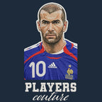 Zinedine Zidane Badge Men's Hoodie – navy close-up detail shot of the Zinedine Zidane Players Couture logo design