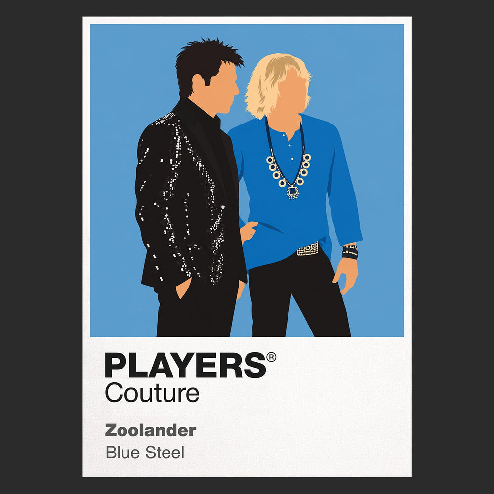 Zoolander Derek Zoolander and Hansel holding exaggerated runway poses beneath flash photography Icon Frame artwork in black