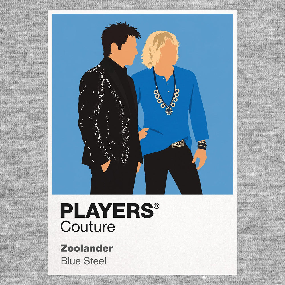 Zoolander Derek Zoolander and Hansel holding exaggerated runway poses beneath flash photography Icon Frame artwork in grey