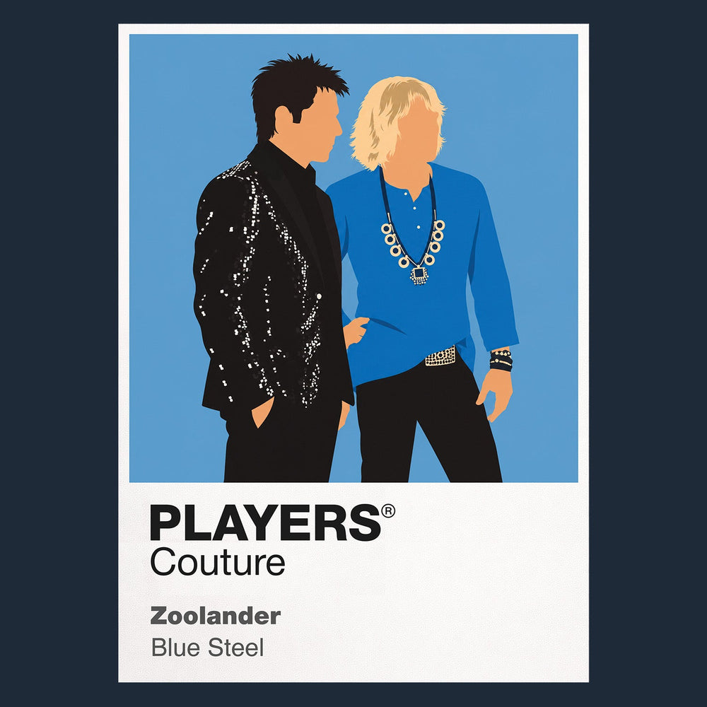 Zoolander Derek Zoolander and Hansel holding exaggerated runway poses beneath flash photography Icon Frame artwork in navy