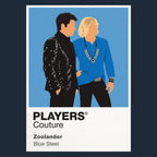 Zoolander Derek Zoolander and Hansel holding exaggerated runway poses beneath flash photography Icon Frame artwork in navy