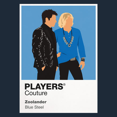 Zoolander Derek Zoolander and Hansel holding exaggerated runway poses beneath flash photography Icon Frame artwork in navy
