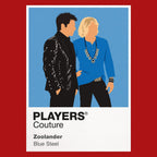 Zoolander Derek Zoolander and Hansel holding exaggerated runway poses beneath flash photography Icon Frame artwork in red