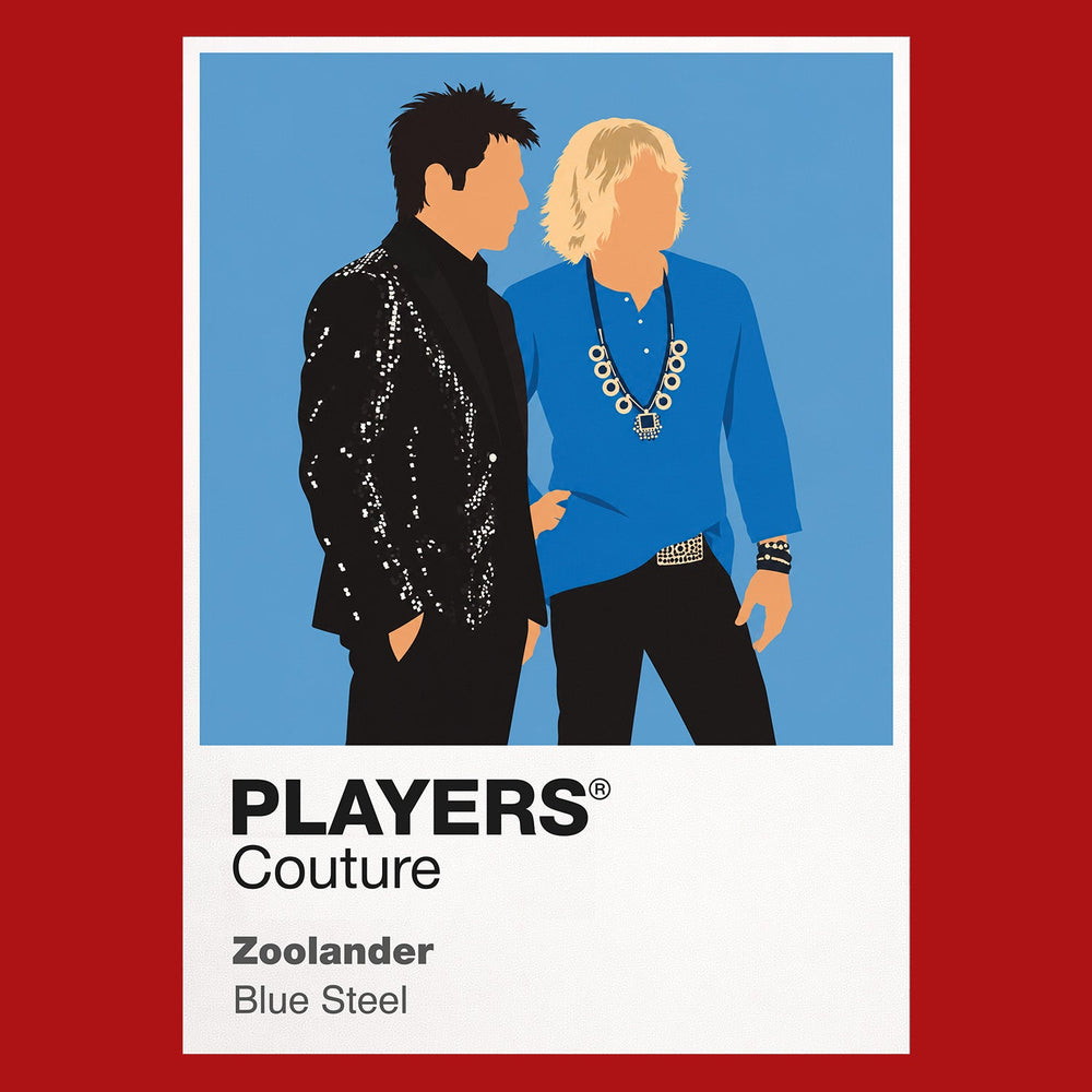Zoolander Derek Zoolander and Hansel holding exaggerated runway poses beneath flash photography Icon Frame artwork in red